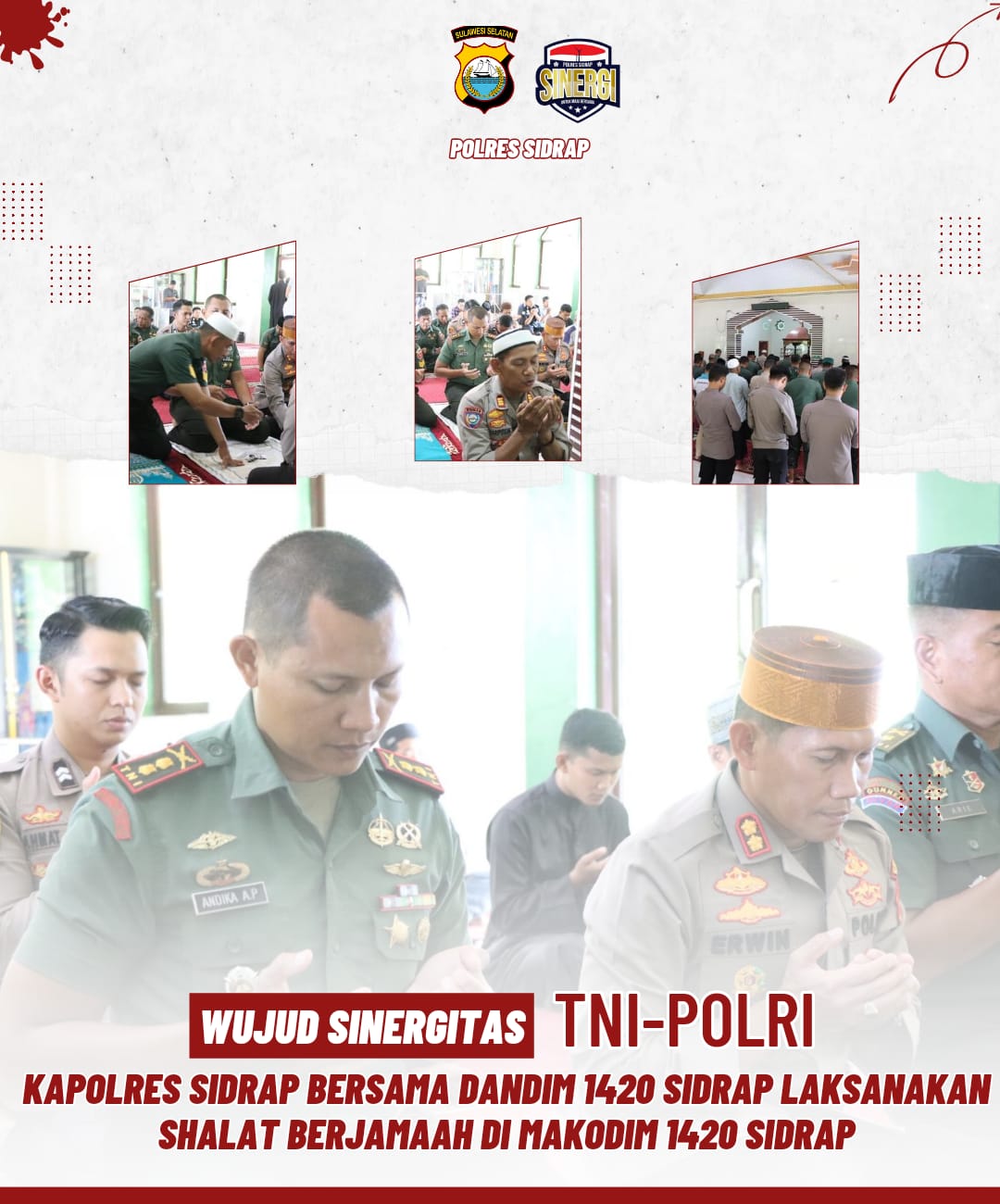 Sinergitas TNI-Polri di Sidrap Gelar Shalat Dzuhur Secara Berjama’ah