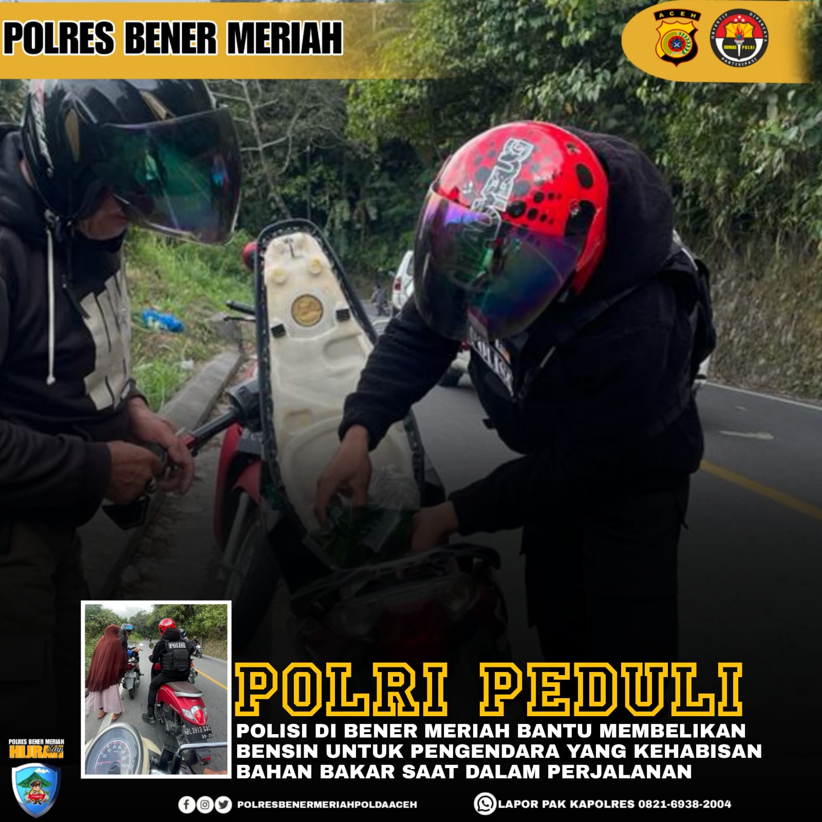 Peduli, Dua Personil Sat Samapta Polres Bener Meriah Membantu Pengendara Sepeda Motor Yang Kehabisan Bahan Bakar