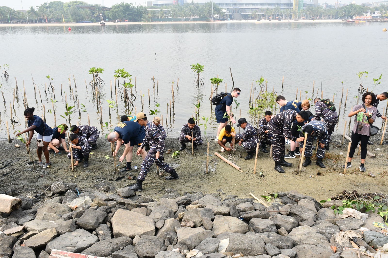 LANTAMAL III JAKARTA BERSAMA USS BLUE RIDGE (LCC-19) BERSINERGI LAKSANAKAN BAKSOS BERSIH PANTAI DAN PENANAMAN MANGROVE