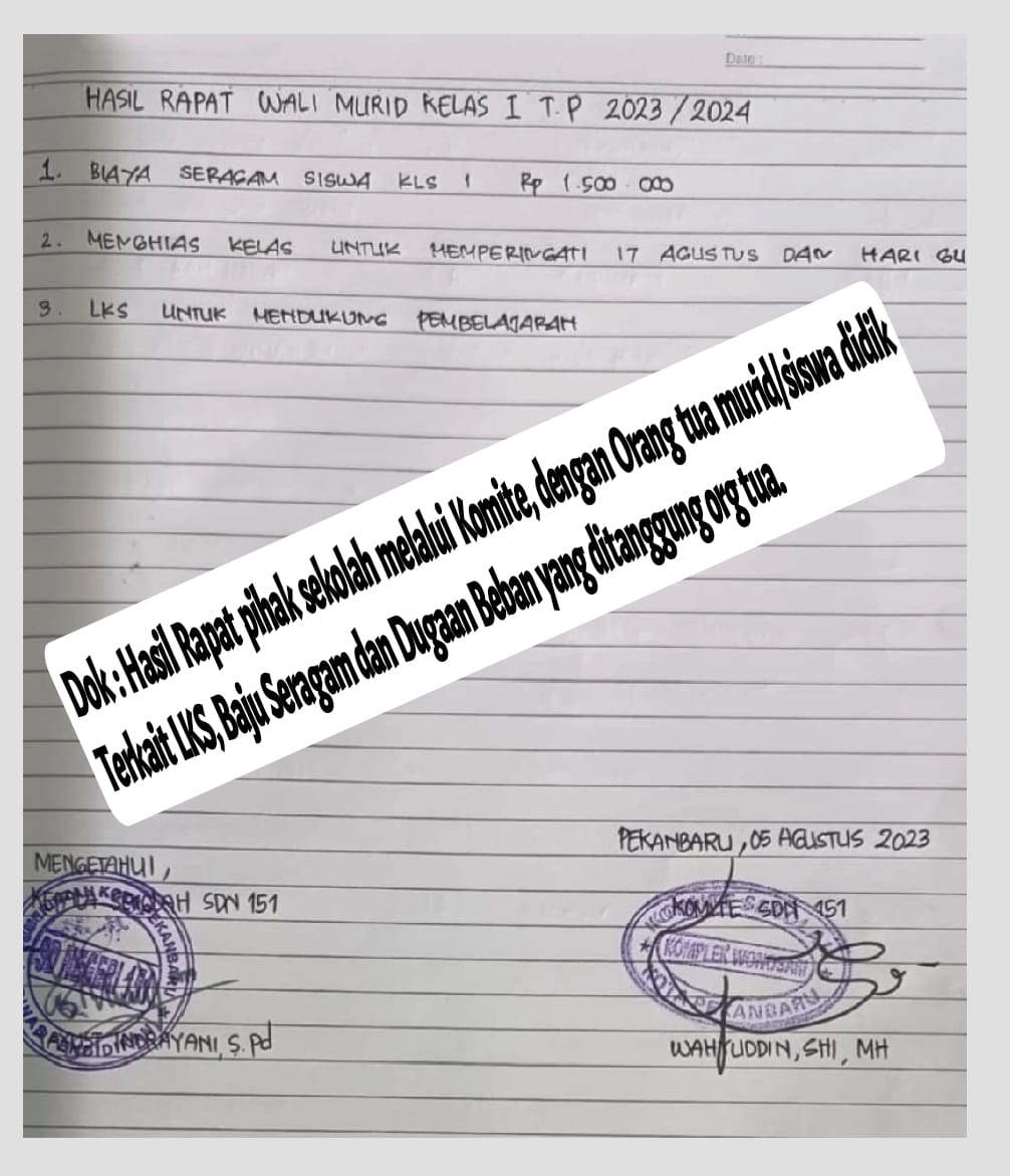 Diduga Mencekik Orang Tua Didik, Pengadaan Pakaian Seragam di SD Negeri 151 Pekanbaru Patut Dipertanyakan? 