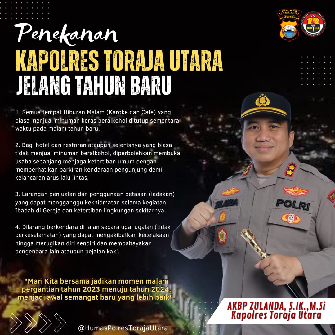 Kapolres Toraja Utara Dukung SE Bupati Terkait Larangan Pengoperasian THM Jelang Tahun Baru