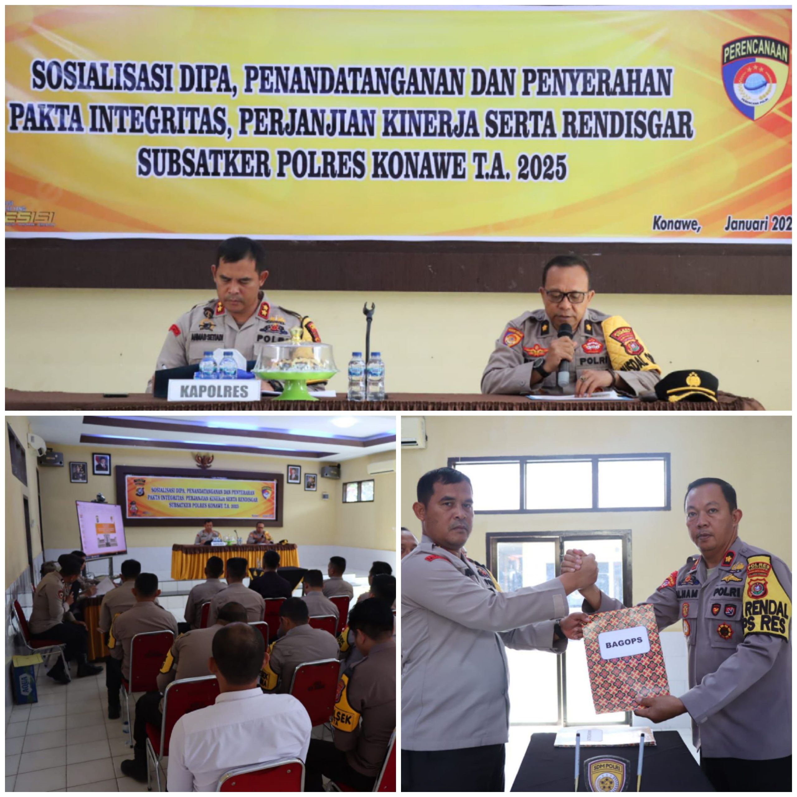 Polres Konawe Melaksanakan Kegiatan Penandatanganan dan Penyerahan Perjanjian Kinerja Pakta lntegritas, Rengiat dan Rendisgar serta Sosialisasi Dipa Tahun 2025